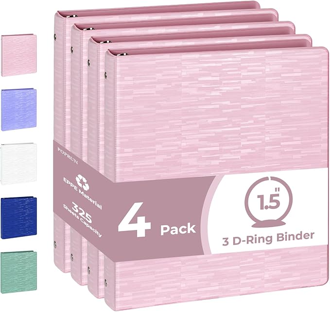 POPRUN 3 Ring Binder 1.5 Inch, PVC-Free, Holds 325 Sheets of 8.5 x 11 Paper, Extra Durable Organizer with 2 Pockets for School & Office, Heavy-Duty, 4 Pack, Pink
