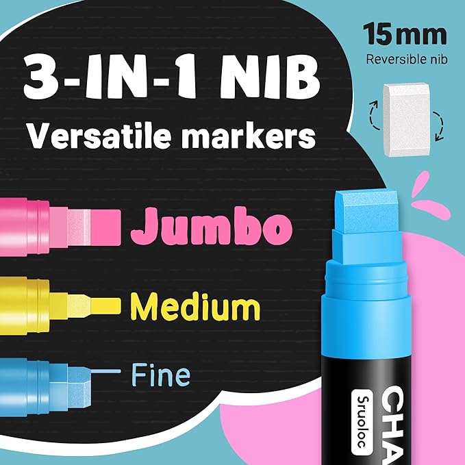 Window Chalk Markers for Glass Washable, 10 Colors Jumbo Liquid Chalk Marker with 15mm 3 in 1 Nib Thick Wide Tips, Big Chalkboard Markers, Car Paint Pen for Auto, Bistro, Mirror, Poster, Blackboards