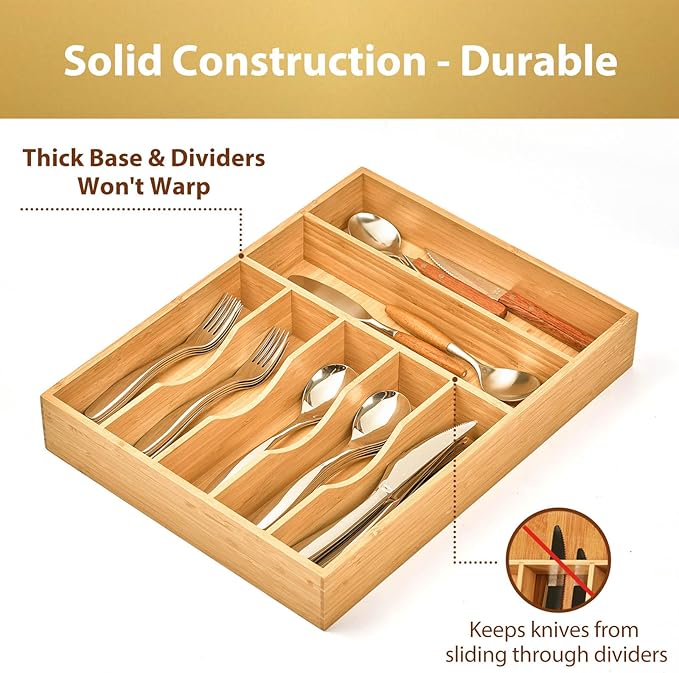 Umilife Kitchen Drawer Organizer, 12.5 Inch Silverware Utensil Tray Holder, Extra Deep, with Non-Slip Feet & Grooved Drawer Divider, 7 Slots Total Bamboo Wood Caddy for Flatware Cutlery Knives