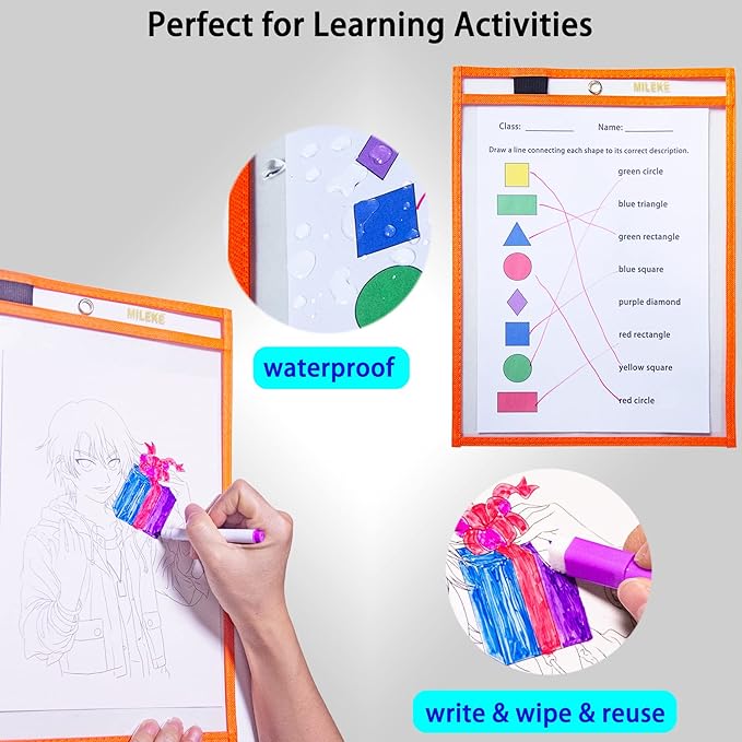 MILEKE Dry Erase Pockets, Clear Plastic Dry Erase Sleeves, A4 Dry Erase Sheets for Teaching & Drawing, Heavy Duty Paper Protector Sheet & Card Pouch & Ticket Holder, 6 Assorted Colors/Pack