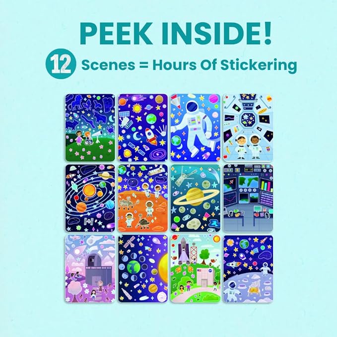 CUPKIN Outer Space Sticker Book for Kids 2-4, 500+ Kids Stickers 12 Coloring Pages, 12 Side by Side Scenes, Fun Toddler Travel Activity Coloring and Sticker Books for Ages 4-8 + 8-10