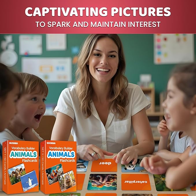 QUOKKA 104 Animal Flash Cards Set – Kids and Adults Vocabulary Builder for ABA Therapy, Early Childhood Education, ESL Teaching – Picture Cards for Speech Therapy and Vocabulary Building Activities