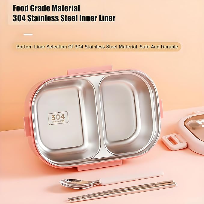 Stainless Steel Lunch Box, 2 Compartment Bento Box for Adults, Easy to Clean, Leak-Proof Design, Food Storage Container with Tableware for Family, Work, Picnics and Travel(850ml, Green)