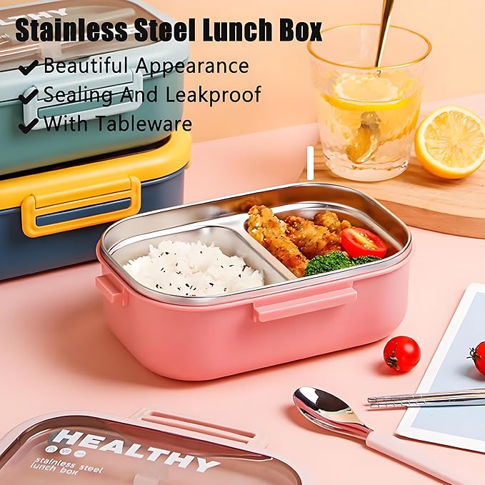 Stainless Steel Lunch Box, 2 Compartment Bento Box for Adults, Easy to Clean, Leak-Proof Design, Food Storage Container with Tableware for Family, Work, Picnics and Travel(850ml, Blue)