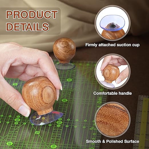 SAVINA Ruler Knob - Wooden Handle with Strong Suction Cup Grip – Comfortable Quilting Ruler Holder for Patchwork, Sewing, Cutting & Crafting Tools for Quilters (2)