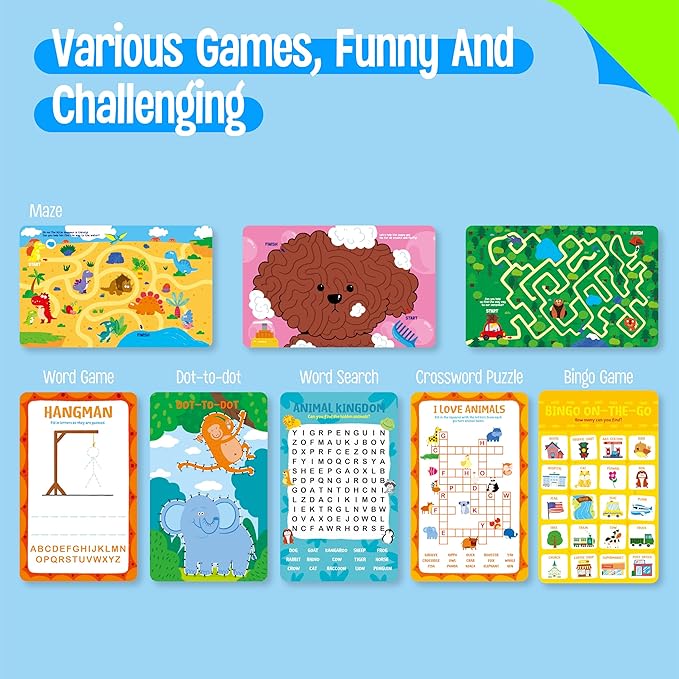 SpriteGru 2 Travel Game Pads, 61 Dry Erase Activities Games Reusable & Erasable Book, Fun Brain Challenge Games Interesting Educational Toy and Learning Tool for Road Trip Airplane Travel