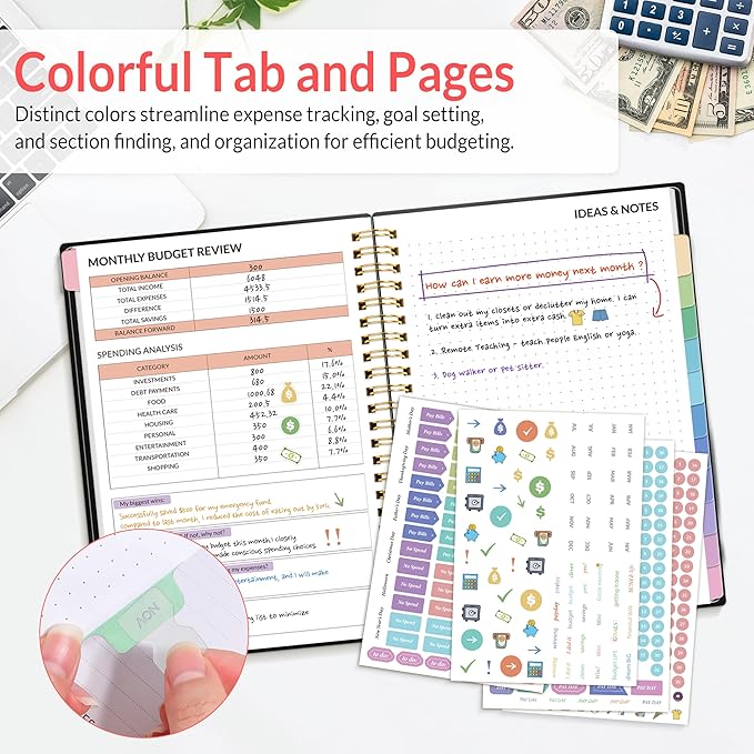 SUNEE Budget Planner - Monthly Budget Book with Expense Tracker Notebook, Undated 12 Month Bill Organizer & Finance Planner to Manage Your Money, A5(6.4" x 8.3") Account Book with Colorful Tab, Black