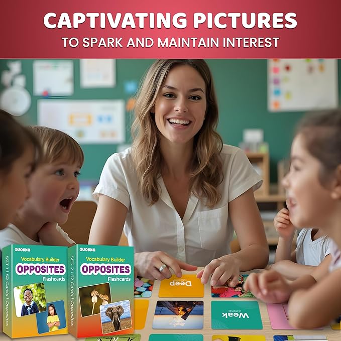 QUOKKA 104 Opposites Vocabulary Flash Cards with Realistic Images for Pre-K and Kindergarten - Perfect for Teachers, Parents, and Speech Development Activities - Vocabulary Builder for Kids Adults