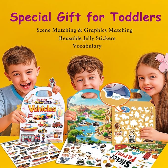 3-Pack Reusable Sticker Books for Toddlers 2-4 Years, Vehicles Truck, Animals & Farm Jelly Activity Stickers for Boys Girls Road Trip Airplane Train Travel Essentials Toy for Kids Birthday Gifts