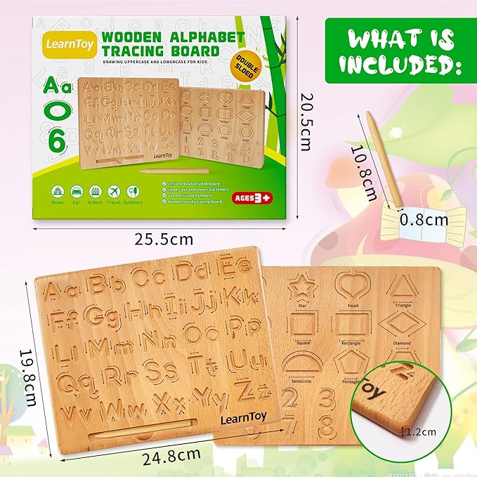 LearnToy Montessori Wooden Alphabet Tracing Board - Educational Toy for Kids - Fine Motor Skills Development - Double-Sided Writing Practice - Ideal Gift for Preschool 3-5 Years Old.