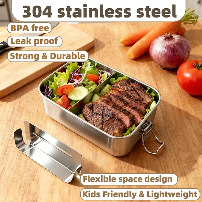 Stainless Steel Lunch Box, 28oz/850ml Metal Bento Box with Removable Dividers, Reusable Food Storage Containers with Lids Leak Proof for Travel, Work, Picnic, Home