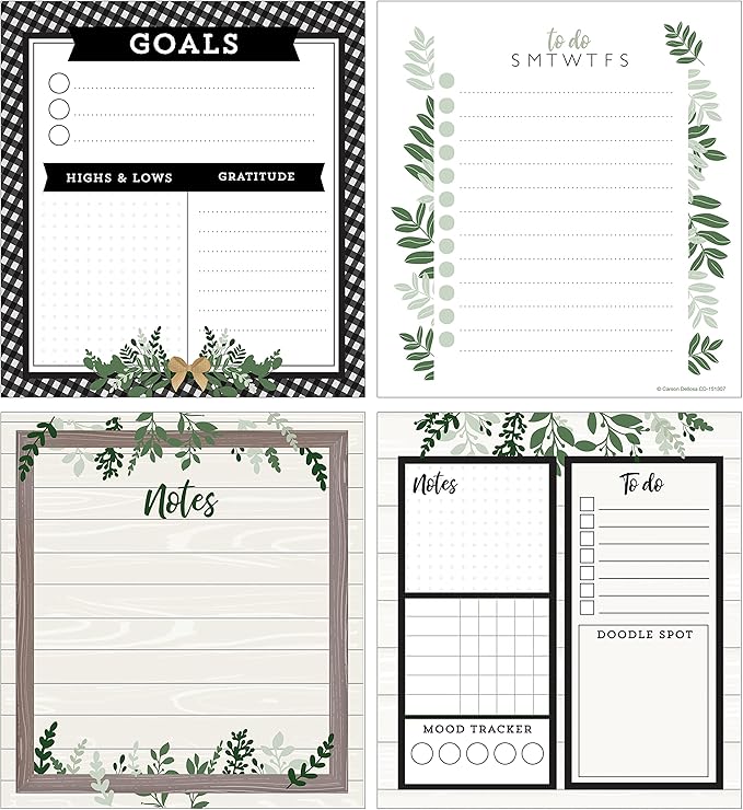 Carson Dellosa Farmhouse Notepad 4-Pack, Note Pads for Goals, To Do List, Checklist, Notes, Sketch Pad, and Classroom Organization Stationary, Desk Accessories and Office Supplies