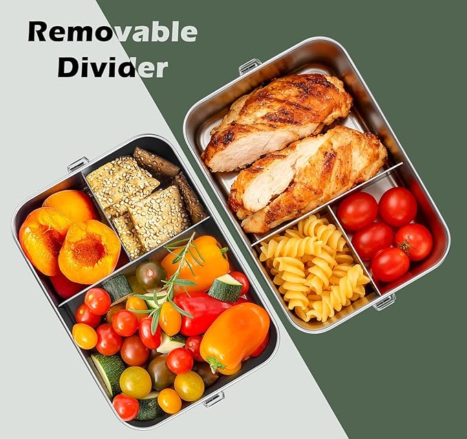 Leonyo 81oz 18/10 Stainless Steel Lunch Box for Adults, 2400ml Metal Bento Box with Divider, Leak-Proof Lunch Food Containers for Woman Man, Dishwasher Safe, Oven Safe Except for Lid