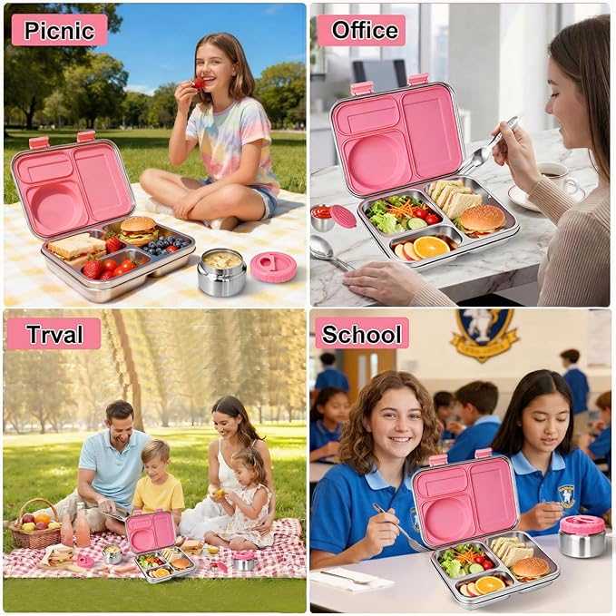 Stainless Steel Bento Lunch Box-7+ Older Kids，Teens ＆ Adult with Insulated Food Jar,Leakproof 3-Compartment,BPA-Free, Eco-Friendly,Dishwasher Safe, Large-Capacity Box, School,Office,Travel （Pink)