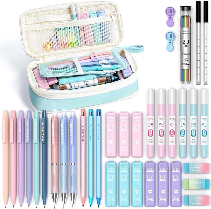Four Candies 36PCS Aesthetic School Supplies, Mechanical Pencil Set 0.5mm, 0.7mm, 0.9mm & 2.0mm with 624 Lead Refills, Back to School Supplies for Writing & Drawing, Ideal Stationary Set Gift (Blue)