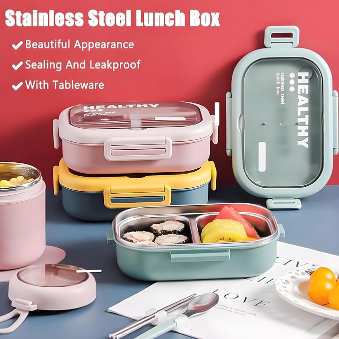 Stainless Steel Lunch Box, 2 Compartment Bento Box for Adults, Easy to Clean, Leak-Proof Design, Food Storage Container with Tableware for Family, Work, Picnics and Travel(800ml, Blue)