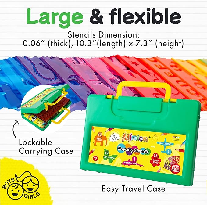 Drawing Stencil Kit for Kids, 60 PC Art Set with 370+ Shapes, Sketch Pad, and Colored Pencils for DIY Arts and Crafts for Boys and Girls, Draw with Letter, Animal and Car Stencils, Green