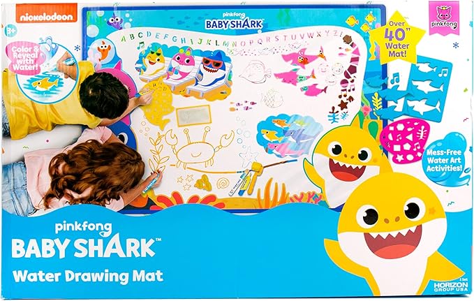 Baby Shark Water Drawing Mat by Horizon Group USA, Includes Reusable 40-Inch Water Drawing Mat, Refillable Water Brush & Pens, Stencils, Mess-Free Water Art for Toddlers, Age 3+