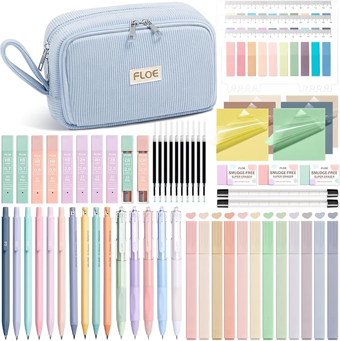 62PCS Aesthetic School Supplies, Cute Back to School Supplies College Essentials Preppy Stationary Set with Large Pencil Pouch Case, Pastel Highlighters Gel Pens Mechanical Pencils for Student Girls