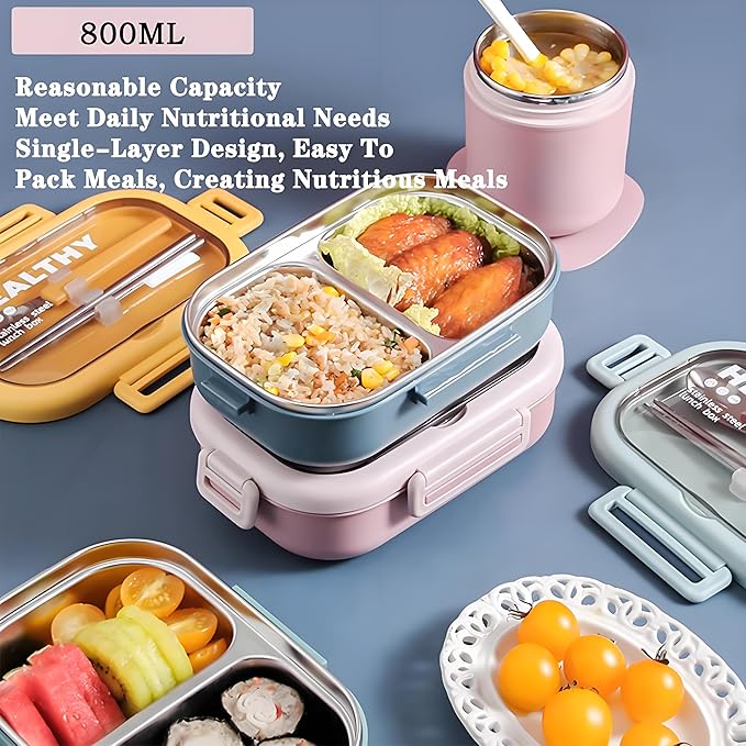 Stainless Steel Lunch Box, 2 Compartment Bento Box for Adults, Easy to Clean, Leak-Proof Design, Food Storage Container with Tableware for Family, Work, Picnics and Travel(800ml, Blue)