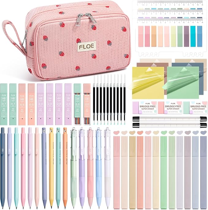 62PCS Aesthetic School Supplies, Cute Back to School Supplies College Essentials Preppy Stationary Set with Large Pencil Pouch Case, Pastel Highlighters Gel Pens Mechanical Pencils for Student Girls