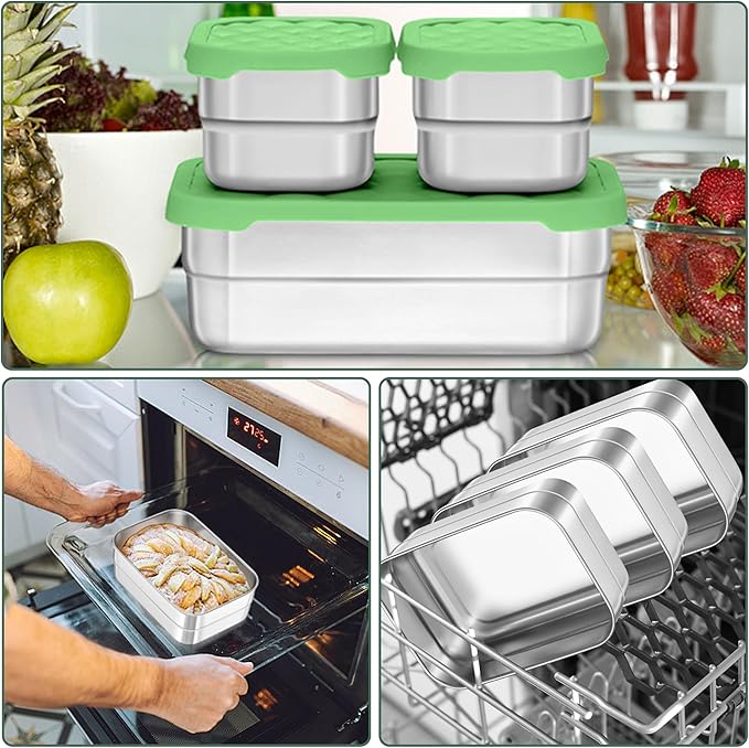 HaWare Stainless Steel Lunch Box Containers for Kids, Leak Proof Food Storage Containers with Green Silicone Lids, Easy Open Bento Box for School and Daycare, Portable Metal Snack Box (8oz*2+25oz)