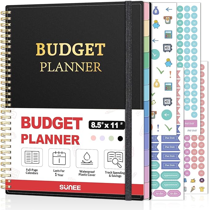SUNEE Budget Planner - Monthly Budget Book with Expense Tracker Notebook, A4(8.5" x 11") Undated 12 Month Bill Organizer & Finance Planner to Manage Your Money, Account Book with Colorful Tab, Black