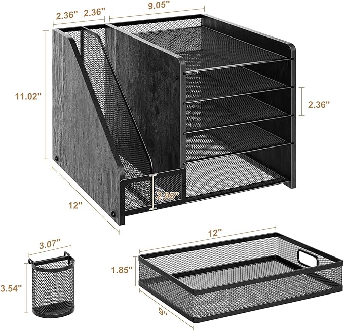Marbrasse Desk Organizer with File Holder, 5-Tier Paper Letter Tray Organizer with Drawer and 2 Pen Holder, Mesh Desktop Organizer and Storage with Magazine Holder for Office Supplies (Wood-Black)
