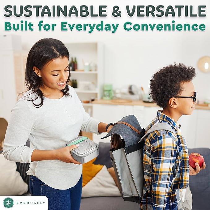 Everusely - Bento Box - Green, 37oz / 1.1 L - Stainless Steel Lunch Box with Leakproof Condiment Container - 3 Compartment Snack Organizer for On the Go Meals - Freezer & Dishwasher Safe