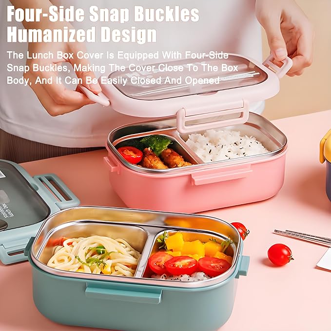 Stainless Steel Lunch Box, 2 Compartment Bento Box for Adults, Easy to Clean, Leak-Proof Design, Food Storage Container with Tableware for Family, Work, Picnics and Travel(850ml, Green)