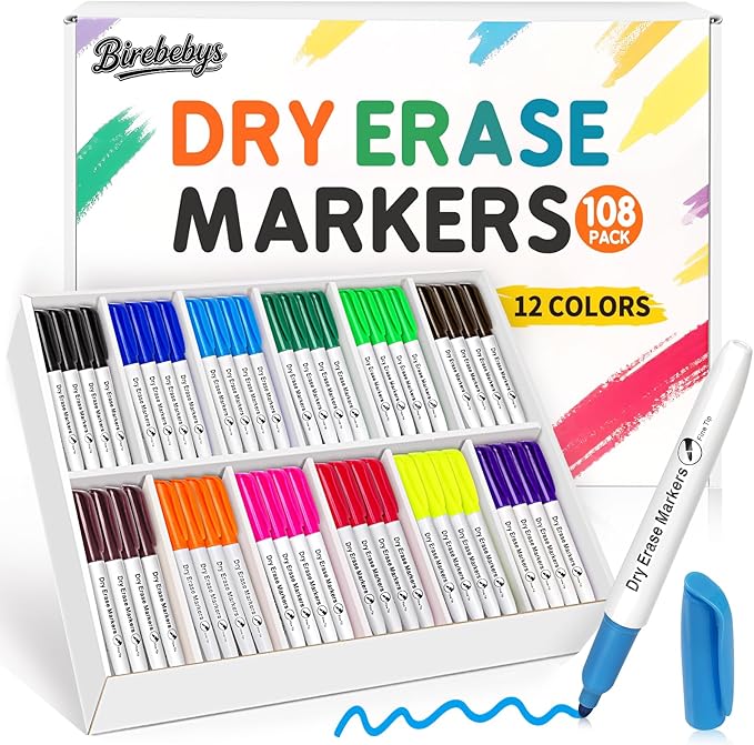 108 Count Bulk Dry Erase Markers, Fine Tip Whiteboard Markers, 12 Vibrant Colors, Back to School & Classroom Supplies for Teachers, Kids Bulk Set for Home Use