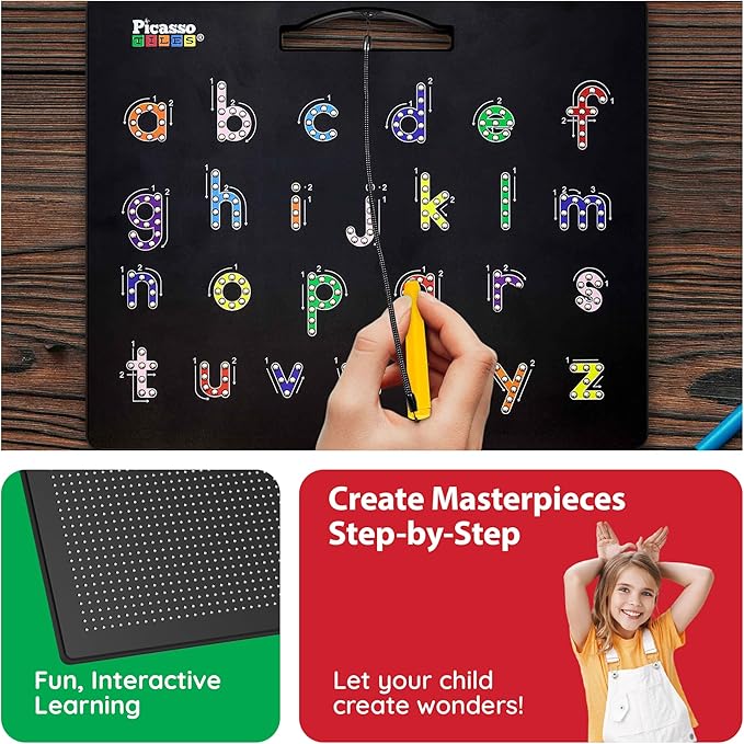 PicassoTiles 2PK 4-in-1 Magnetic Drawing Board 12x10 inch Large Magnet Tablet Pad with 4 Facings Lowercase & Uppercase Alphabets, Numbers, & Freestyle STEM Learning Writing Reading Playboard PTB06