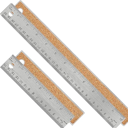 Metal Ruler with Cork Backing: 6+12 Inch Stainless Steel Non-Slip Ruler with Inch and Centimeters