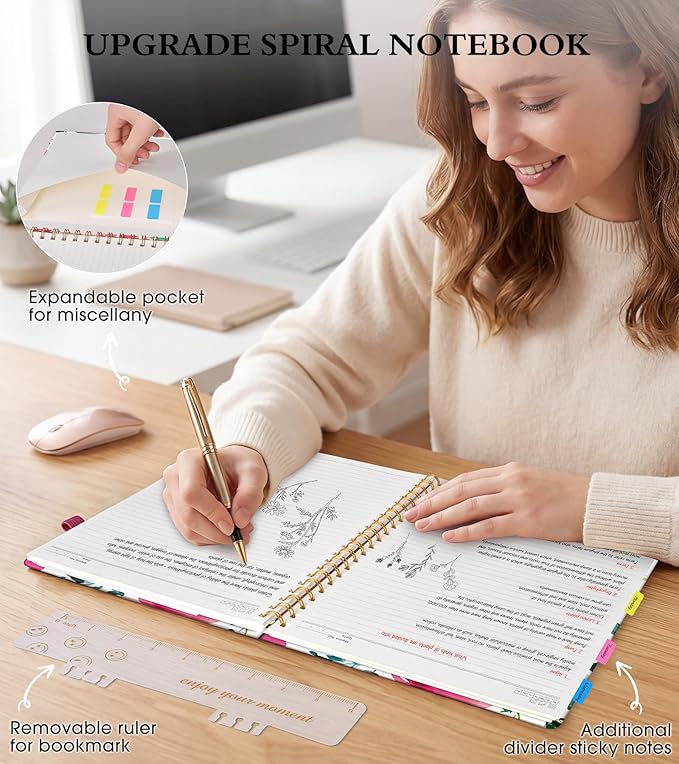 Spiral Notebook Journal 8.5” x 11”, A4 Large Notebooks for Women Men, College Ruled Lined Journal, 100 GSM Paper, Hardcover Spiral Bound Journals for Work School Note Taking, Watercolor Blooms