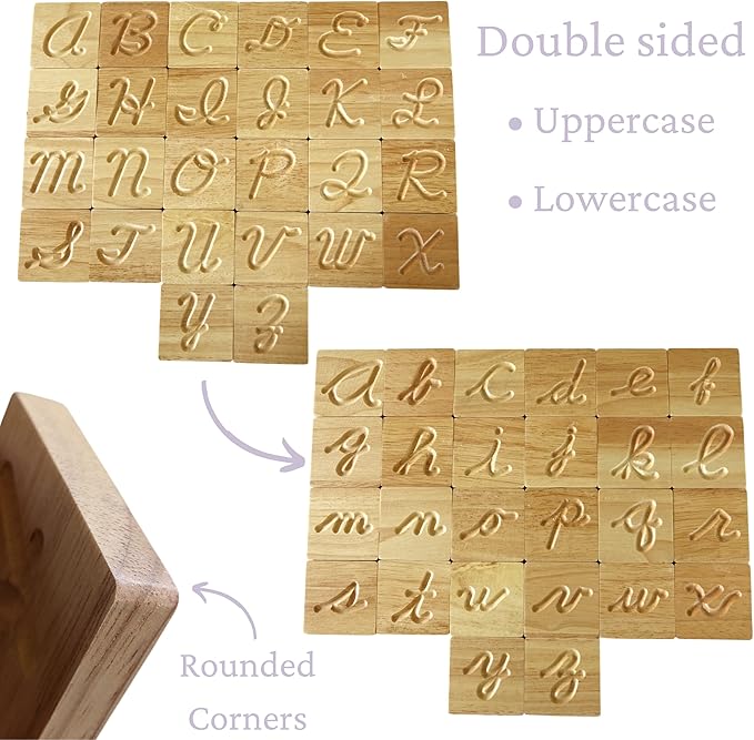 Montessori Cursive Wooden Alphabet Tracing | Preschool Learning Letter Tracing | ABC Flash Cards | Double Sided Uppercase and Lowercase | Includes Storage Box and Stylus Pen | Set of 26 Pieces