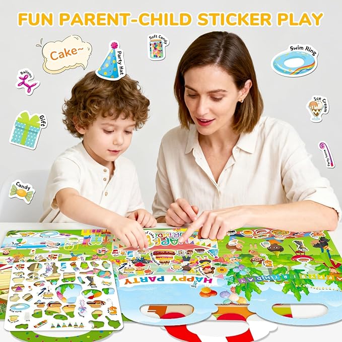 3 Sets of Reusable Jelly Stickers Books - Perfect for 3-6 Year Olds Jelly Stickers Books - Airplane and Car Travel Toys Educational Gifts for Boys and Girls（Beach+Supermarket+Party）
