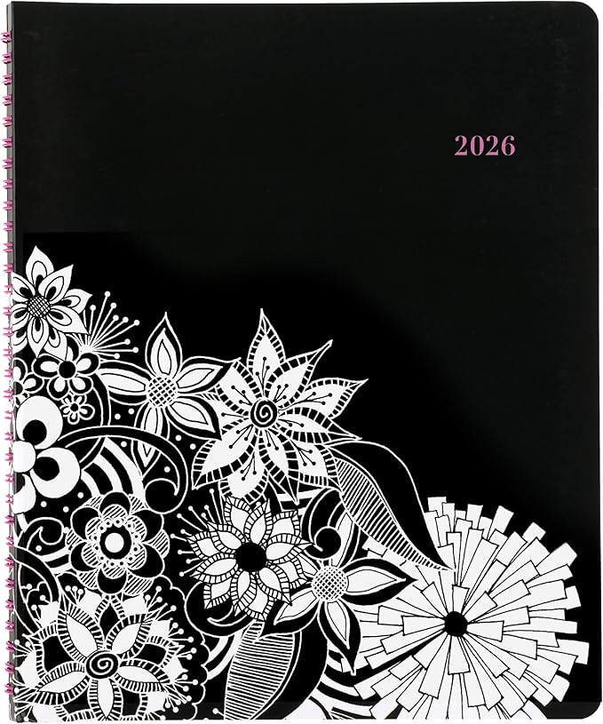 Cambridge 2026 Appointment Book Planner, Weekly & Monthly, 8-1/2" x 11", Large, Hourly, FloraDoodle, White and Black (589-905-26)