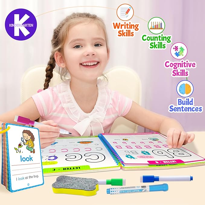 Preschool Learning Activities - 60 Reusable Cards, Pre-K Kindergarten Workbook, Autism Supplies Montessori Educational Game, Sight Words & Handwriting Practice Book for Kids Ages 3 4 5 6