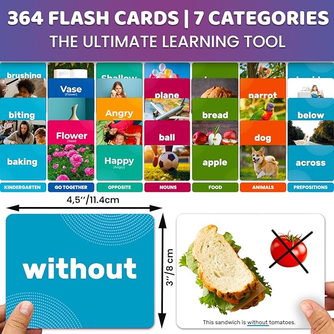 QUOKKA 364 Flash Cards for Kids and Adults - Real-Life Large Preschool Flash Cards for Speech Therapy, ABA Therapy, ESL Teaching, Pre-K to 3rd Grade, 7 Vocabulary Building Categories with Prepositions