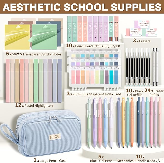 62PCS Aesthetic School Supplies, Cute Back to School Supplies College Essentials Preppy Stationary Set with Large Pencil Pouch Case, Pastel Highlighters Gel Pens Mechanical Pencils for Student Girls
