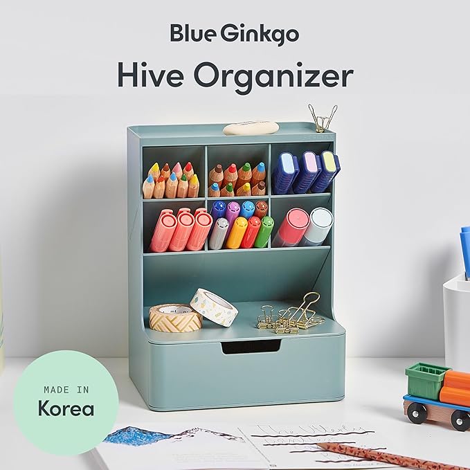 BLUE GINKGO Hive Desk Organizer – Vertical 6-Compartment, Full-drawer Storage – Space-Saving Pen Holder, Stationery Storage – Organizer for Office, School Supplies, Makeup (Made in Korea, Green)