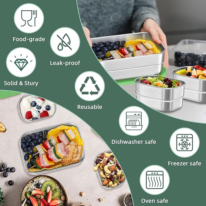 HaWare Stainless Steel Lunch Box Containers for Kids, Leak Proof Food Storage Containers with Green Silicone Lids, Easy Open Bento Box for School and Daycare, Portable Metal Snack Box (8oz*2+25oz)