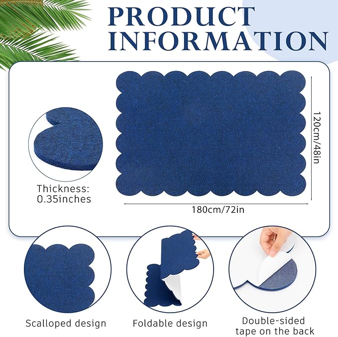 Mooliwe Scalloped Felt Bulletin Board 72 x 48 Inches Foldable Dark Blue Pin Cork Board Alternative for Wall, 6' x 4' Trifold Picture Vision Self Adhesive Bulletin Decorative