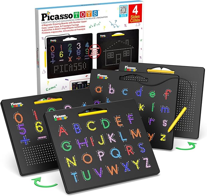 PicassoTiles 2PK 4-in-1 Magnetic Drawing Board 12x10 inch Large Magnet Tablet Pad with 4 Facings Lowercase & Uppercase Alphabets, Numbers, & Freestyle STEM Learning Writing Reading Playboard PTB06