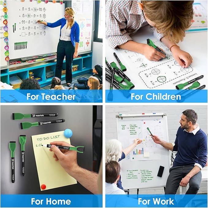 maxtek Dry Erase Markers - 6 Count Green Magnetic Dry Erase Markers Fine Tip with Eraser, Low Odor Whiteboard Markers for Calendar Boards