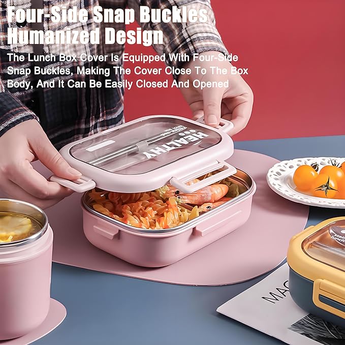 Stainless Steel Lunch Box, 2 Compartment Bento Box for Adults, Easy to Clean, Leak-Proof Design, Food Storage Container with Tableware for Family, Work, Picnics and Travel(800ml, Blue)