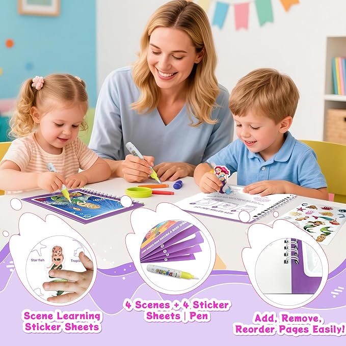 6 Sets in 1, Reusable Water Coloring Books for Toddlers 1-3 with 110+ Stickers & No-Mess Pen, Water Coloring Books for Toddlers 1-3, Magic Paintless Painting Book for Toddler, Paintless Painting Book