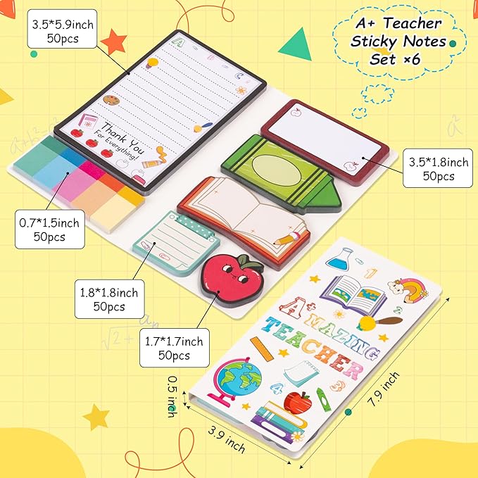 B1ykin A+ Teacher Sticky Notes Set - A+ Amazing Teacher Self-Stick Notes Pad, 550 Sheets Writing Memo Pages Sticky Notepad for Teacher Appreciation Gifts, School Office Supplies (6Pcs)