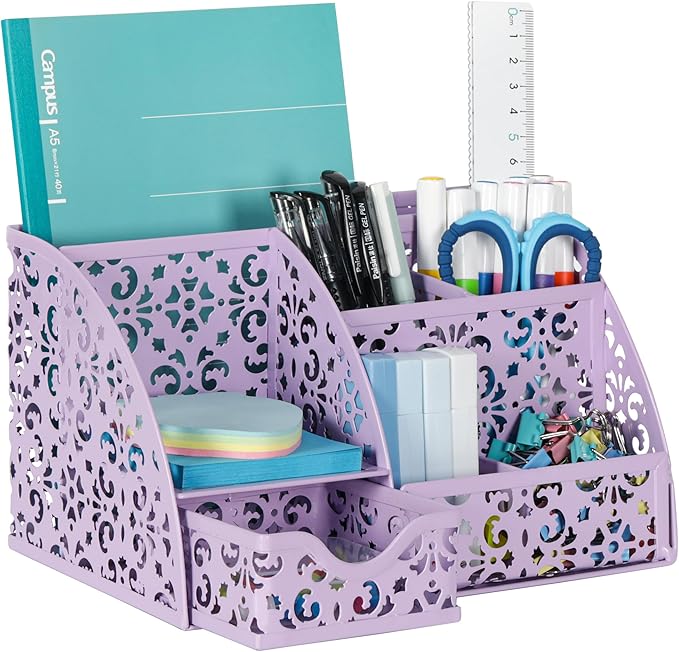 EasyPAG Pen Holder Desk Organizer with Drawer Pencil Cup for Desk 6 Compartments Metal Office Caddy Storage with Sticky Notes Holder for School Home Office, Purple