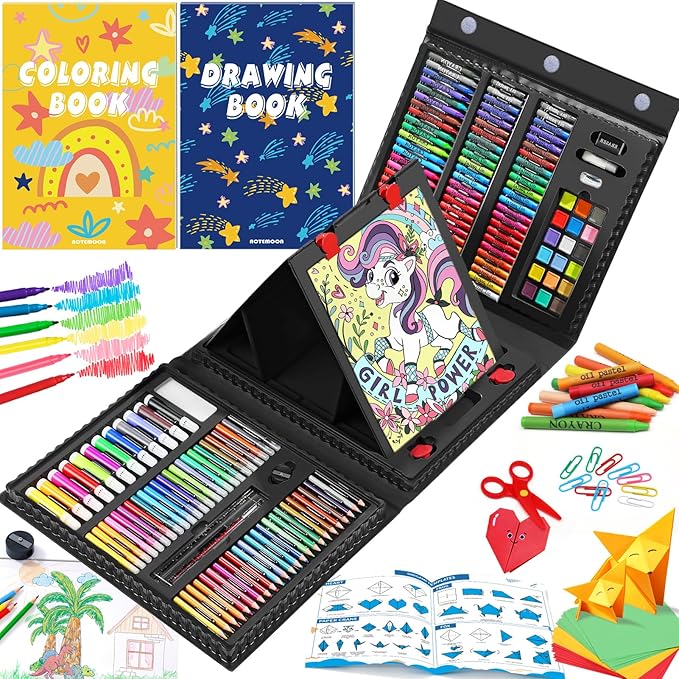 All in One Art Supplies, Art Kit Includes Origami & Paper-Cutting Crafts, Easel, Colored Pencils, Crayons, Drawing Book, Coloring Book, Watercolor Markers and More, Art Set for Kids Girls Boys, Black
